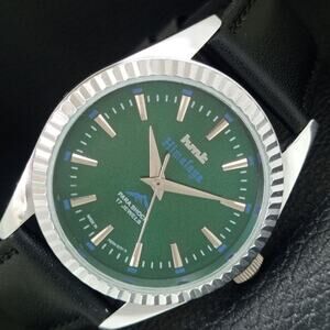Vintage 1990 HMT Manual Wound Mens Silver Watch W/daydate & Green accents